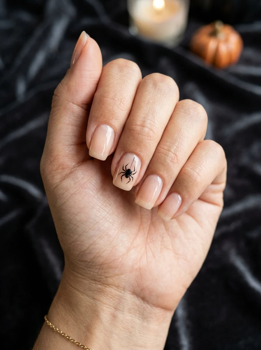 single detail minimalist halloween nail art with small spider accent
