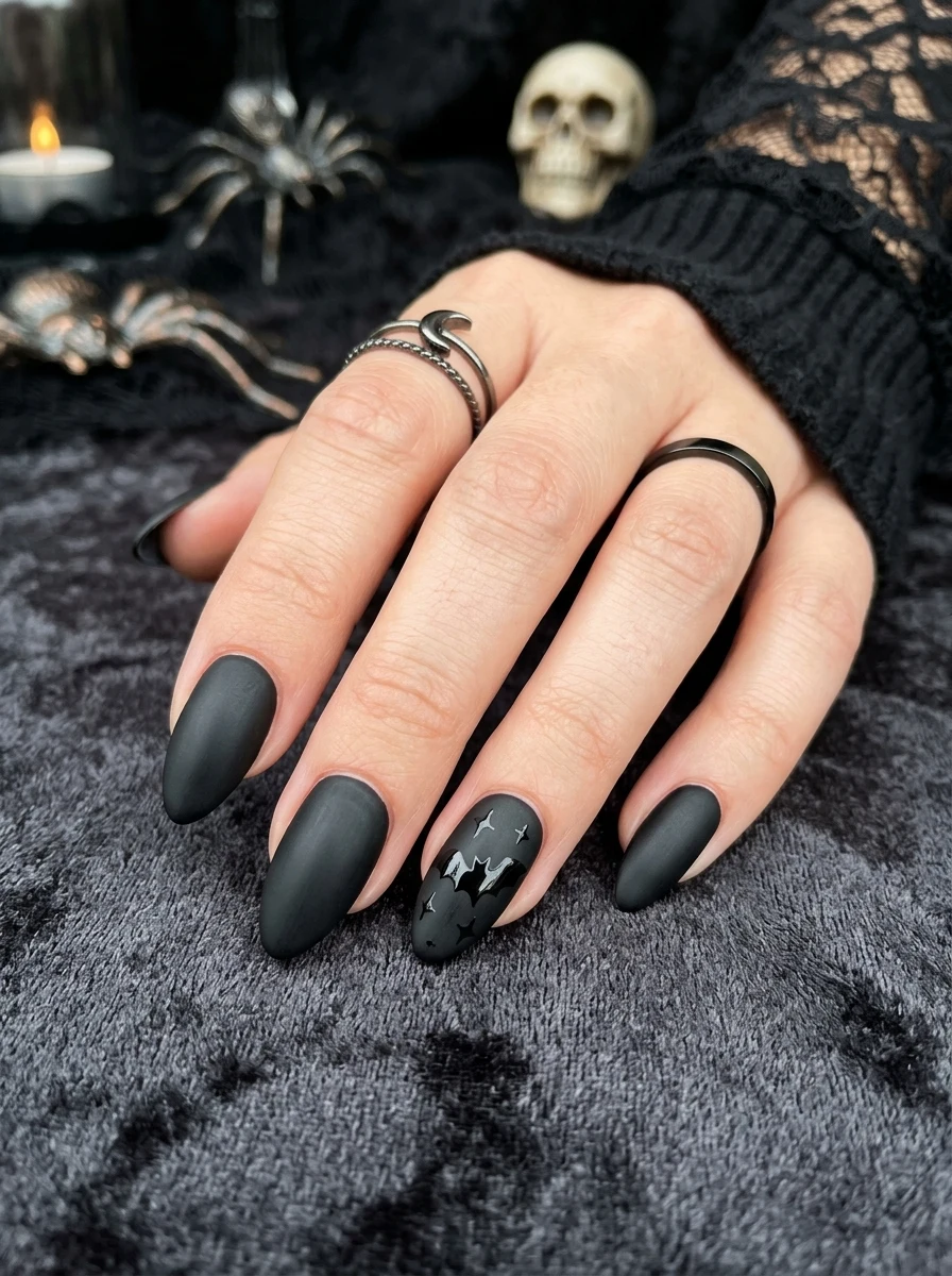 all black halloween nails with matte and glossy finish contrast