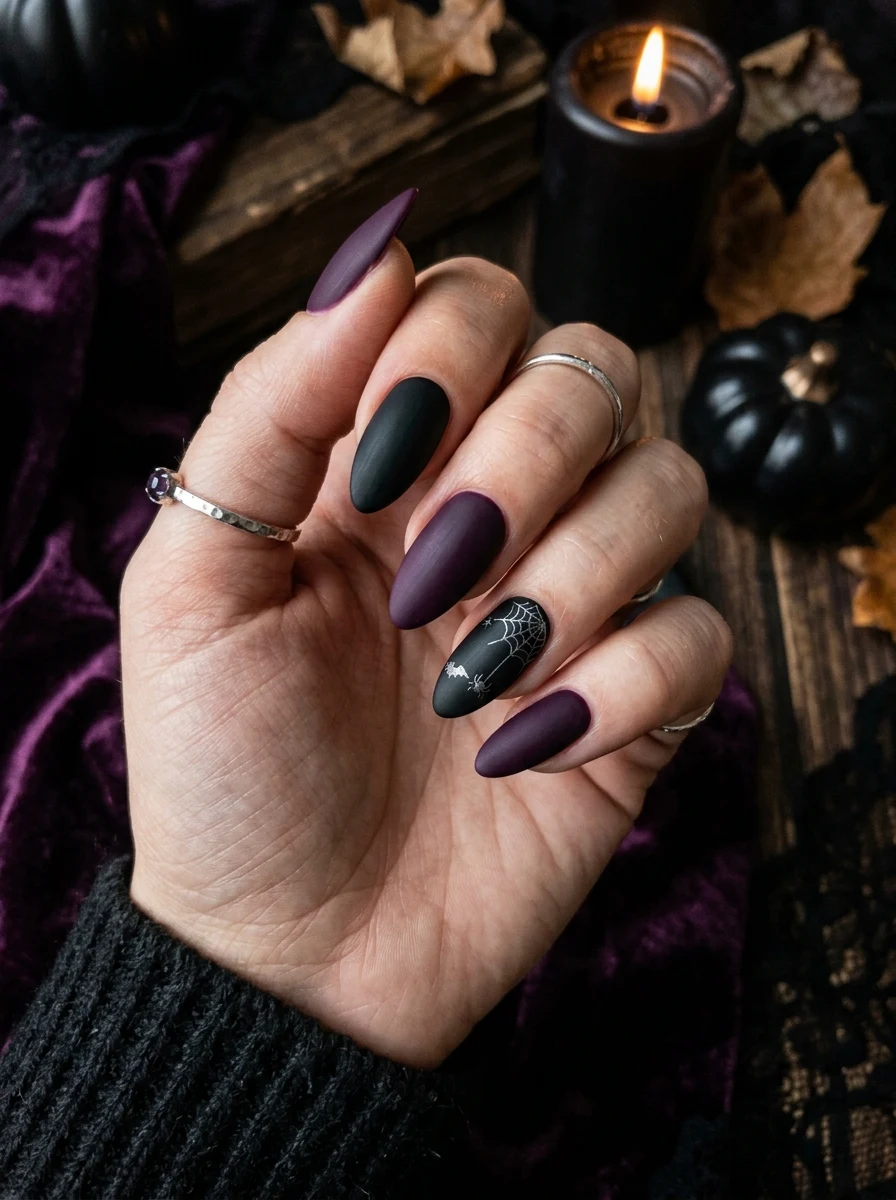 black and purple halloween nail color palette