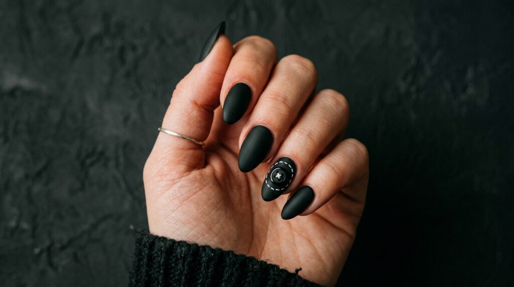 black coraline nails with a hand-painted button eye accent nail