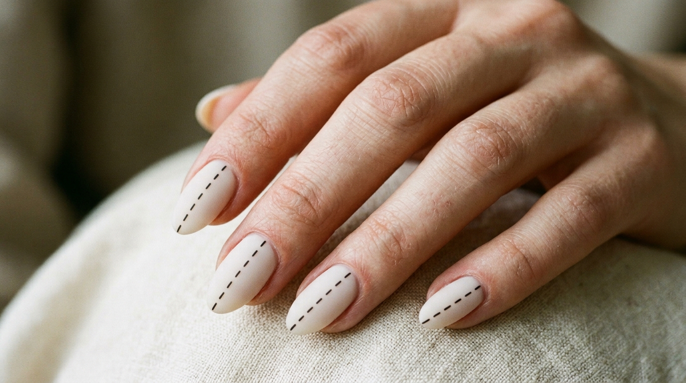 pale nails with hand-painted black stitch line art