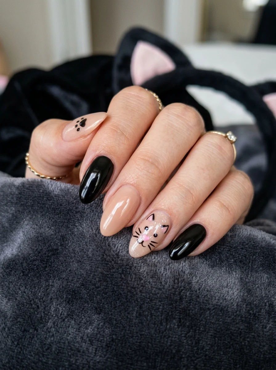 cat costume matching halloween nails with whisker line art