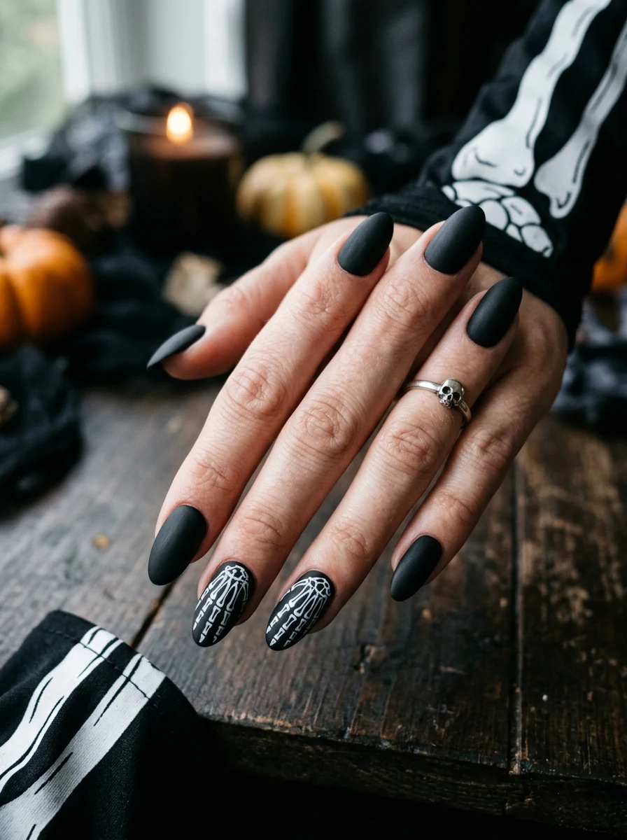 skeleton costume matching halloween nails with white bone line art