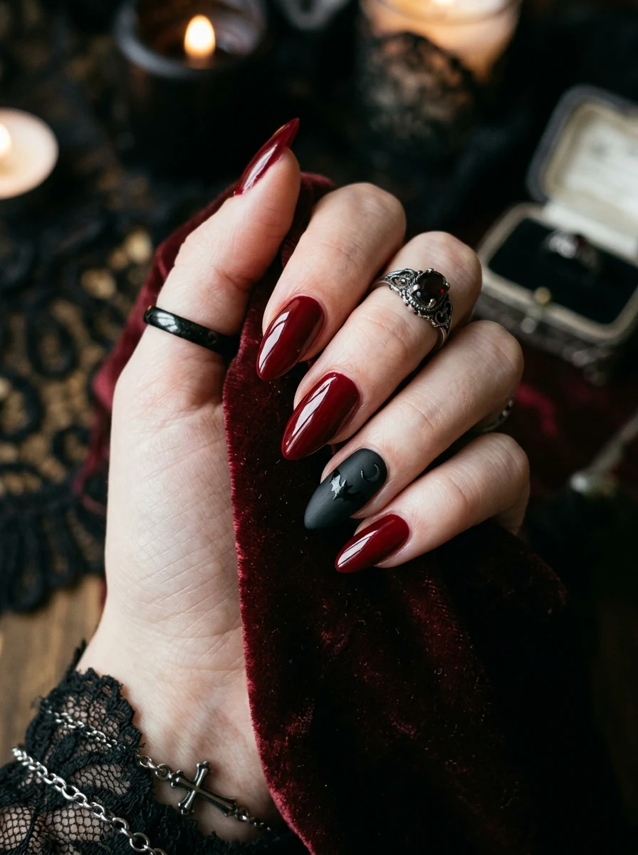 vampire costume matching halloween nails with fang accent detail