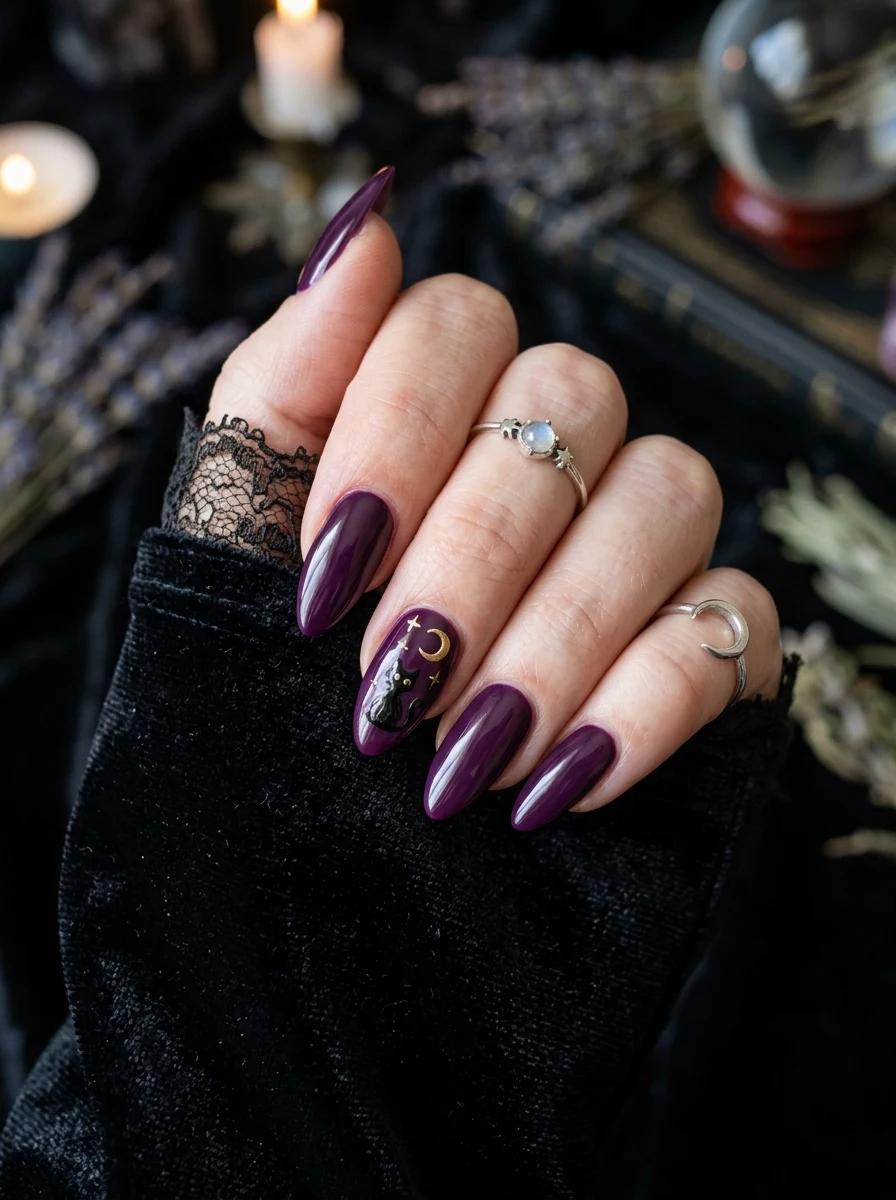 witch costume matching halloween nails with moon and cat accent