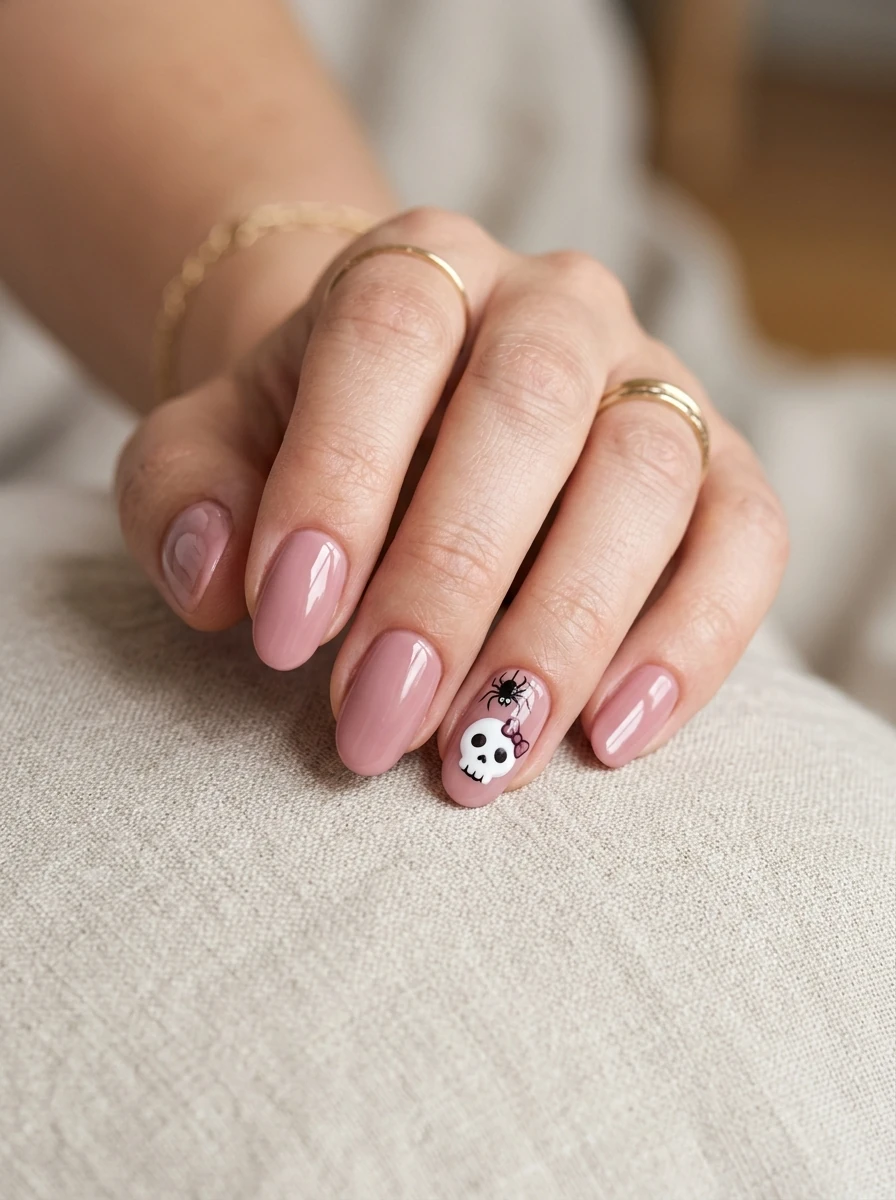 creepy cute halloween nails with a pastel skull and small spider
