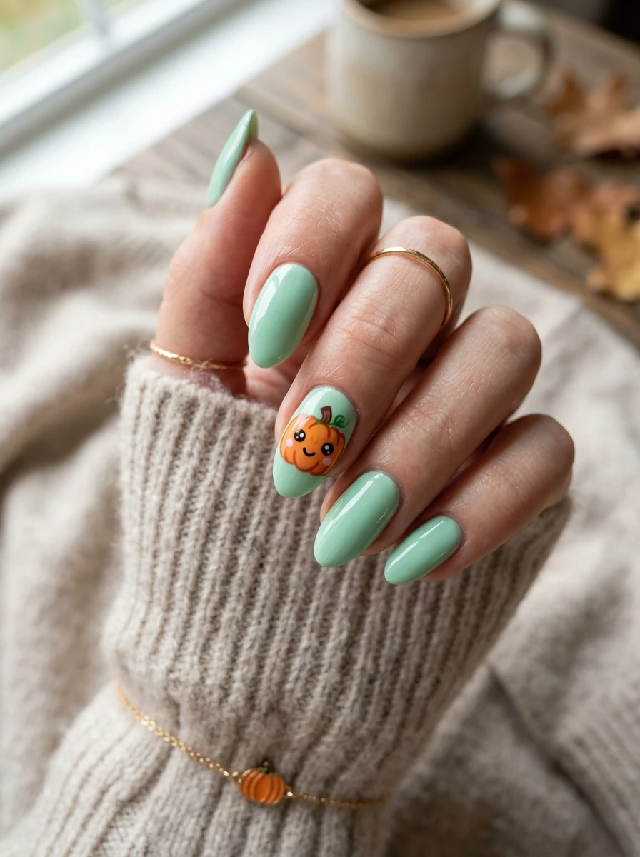 kawaii pumpkin nail art with a smiling face and blush cheeks