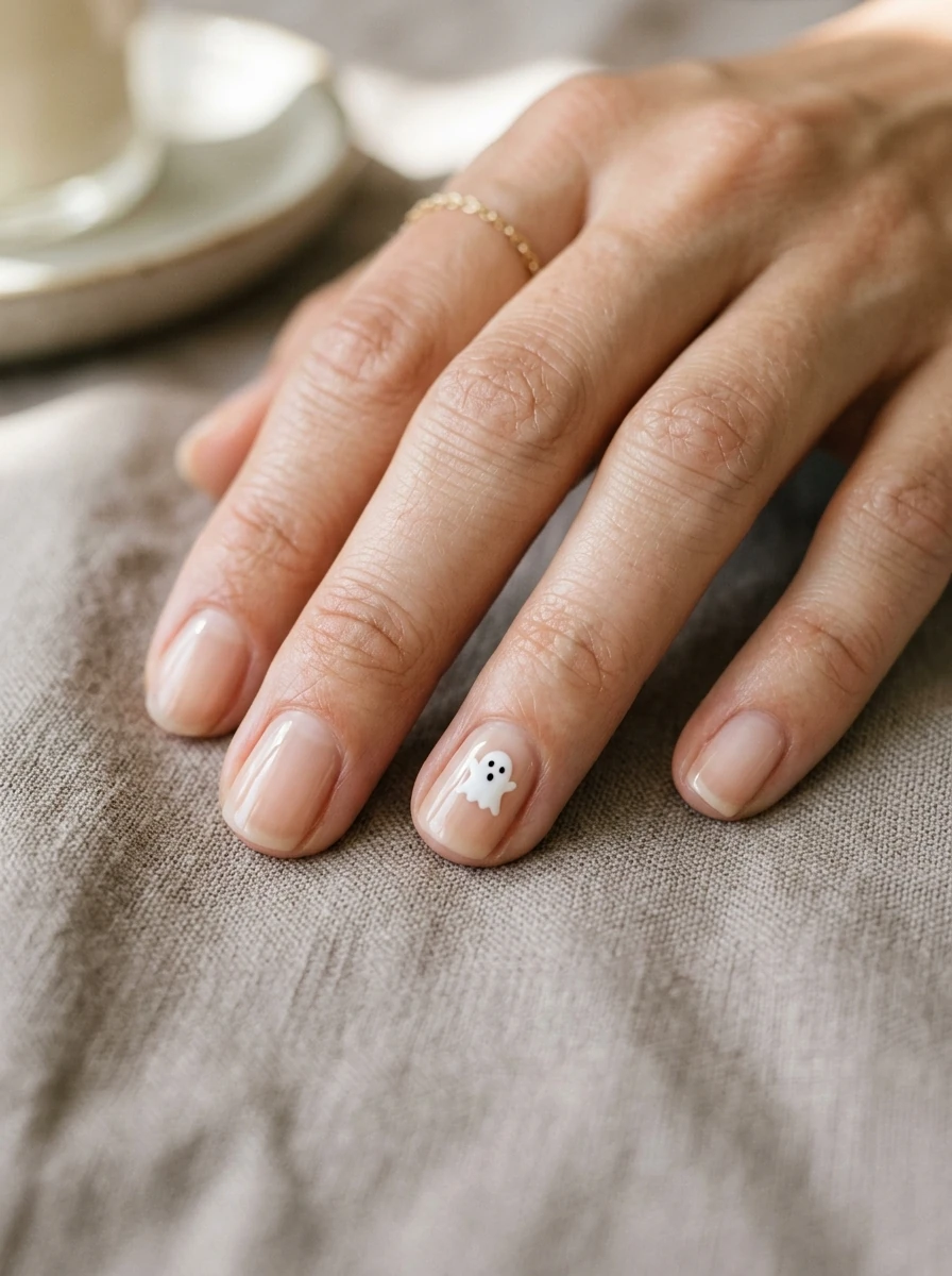 minimal cute halloween nail art with one small ghost accent