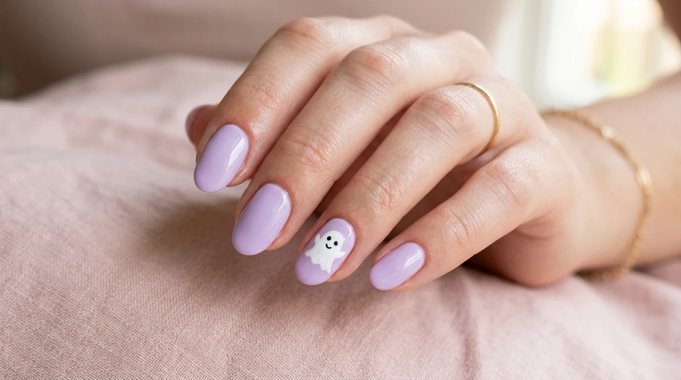 pastel lavender halloween nails with a white ghost accent