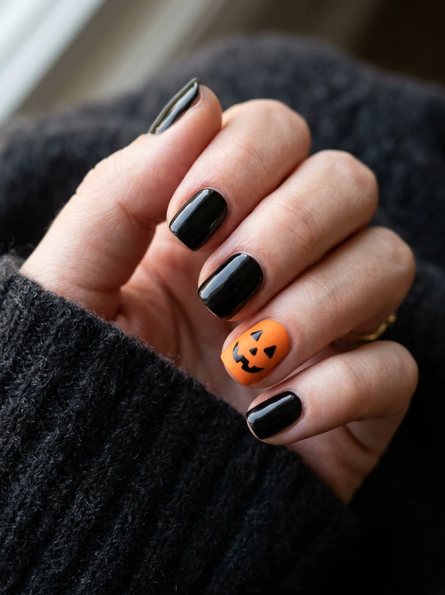 easy halloween nails: single accent nail with a simple pumpkin face