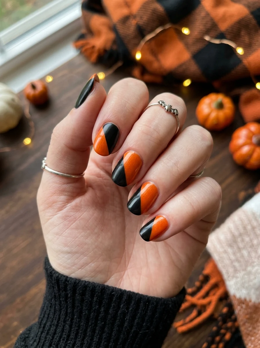 tape line color block halloween nail design