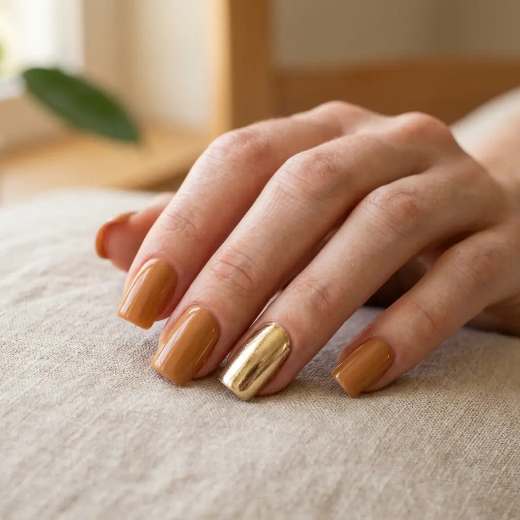 Caramel square nails with one gold chrome accent nail