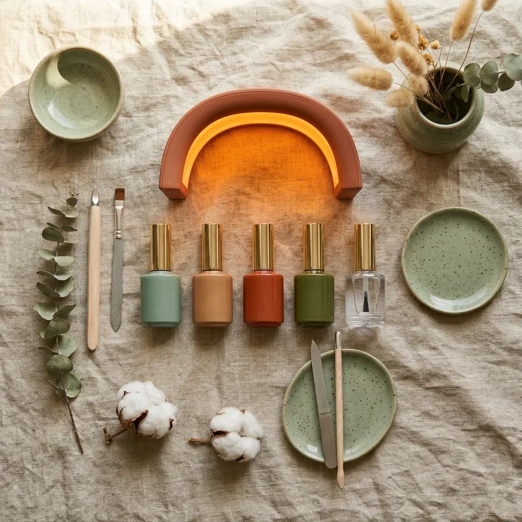 Flatlay of gel polish bottles and a UV lamp in terracotta, caramel, and sage tones for a fall transition manicure