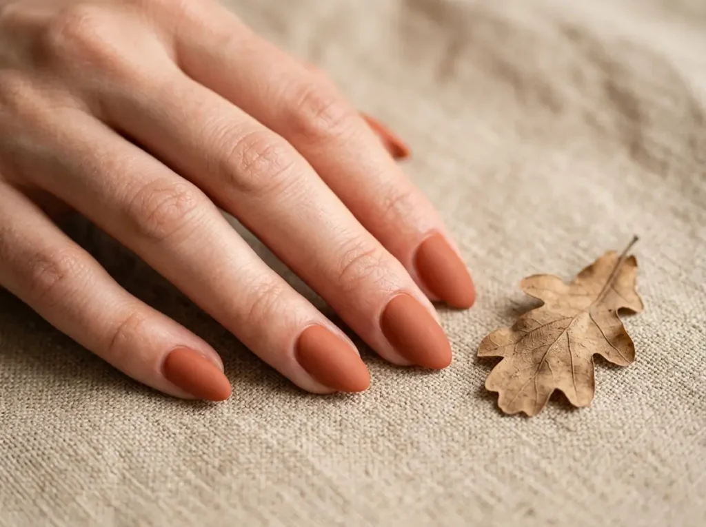 End of summer nails in matte terracotta on short almond shape
