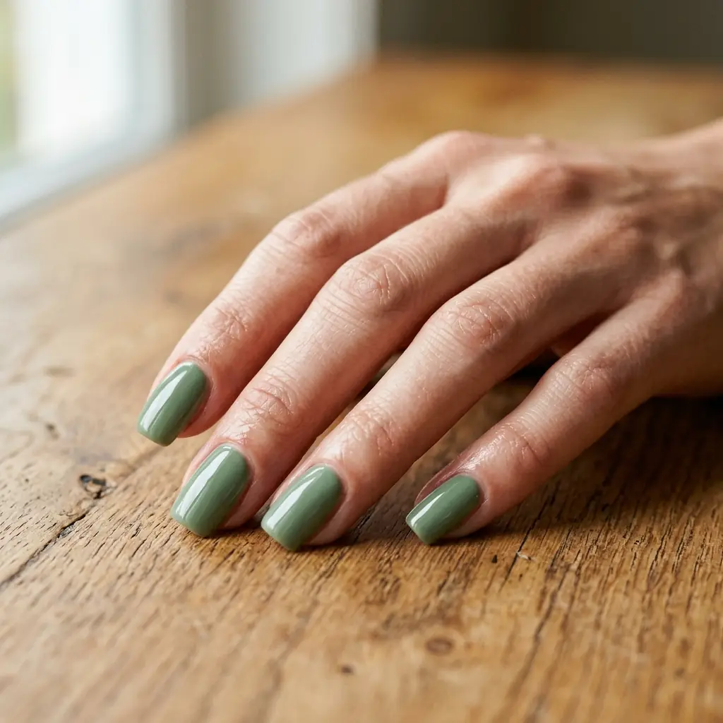 Sage green glossy squoval nails resting on a wooden table
