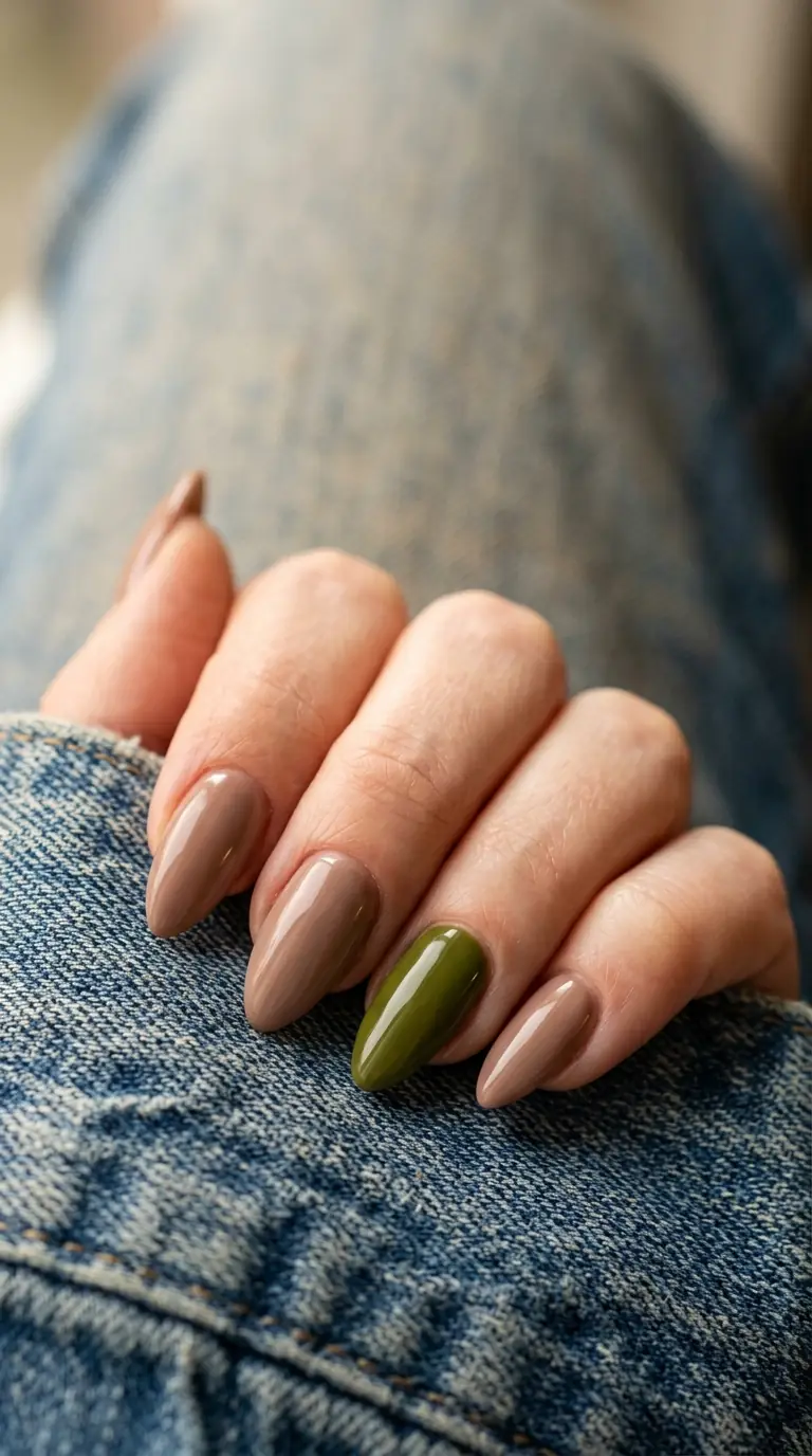 Warm taupe almond nails with a single olive green accent nail on denim fabric