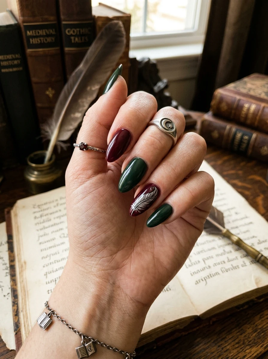 dark academia gothic halloween nails in burgundy and forest green