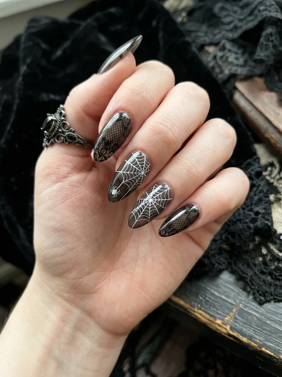cobweb lace gothic halloween nails with fine white web line art