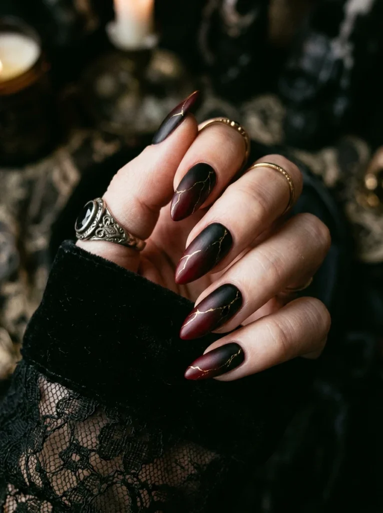 gothic dark glam halloween nails with black and blood red ombre