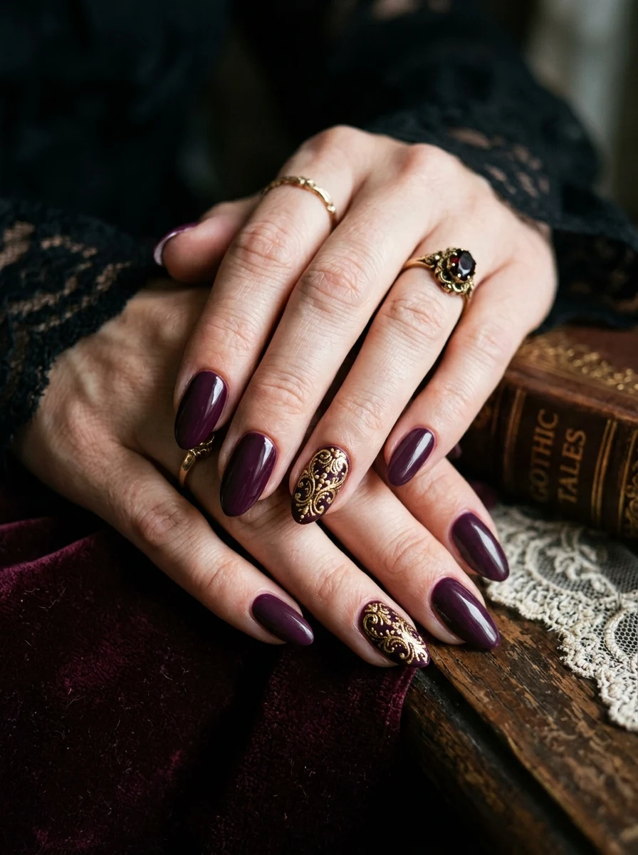 victorian inspired gothic halloween nails with gold filigree accent