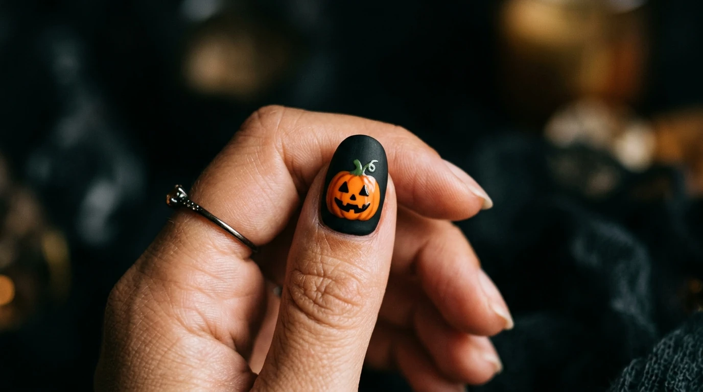 white ghost silhouette nail art on black base