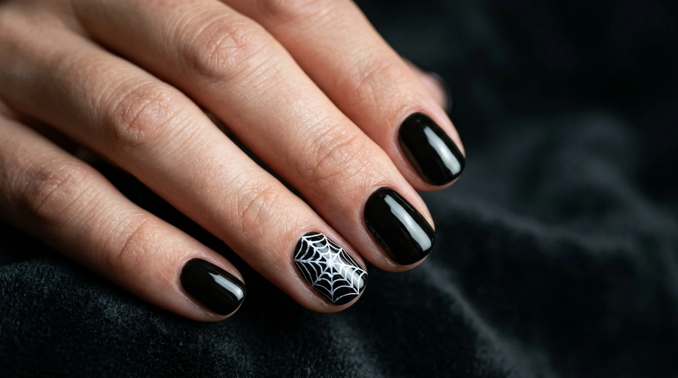 white skull nail art design on black base