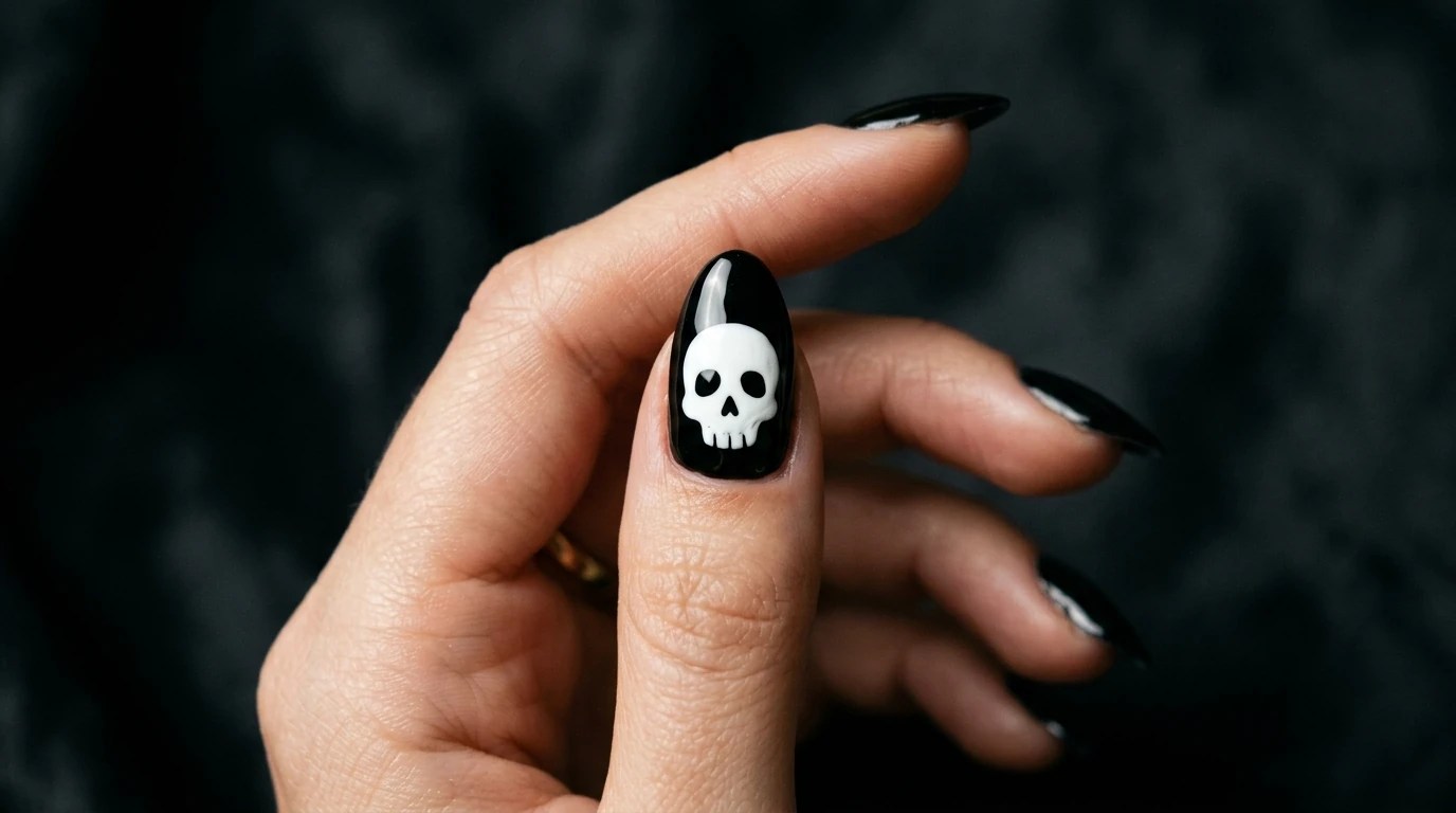 black nails with a hand-painted white spiderweb accent nail