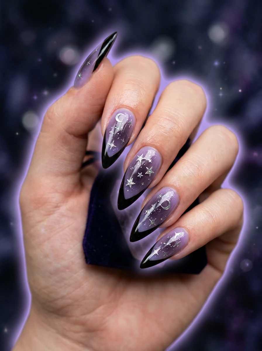 celestial witchy nails with stars and moons