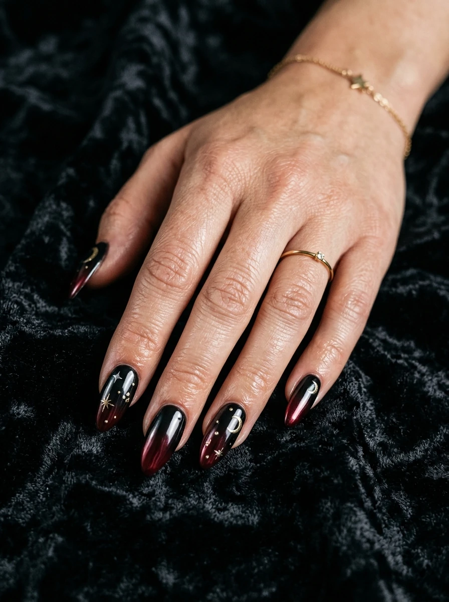 holographic black chrome witchy nails with purple shimmer