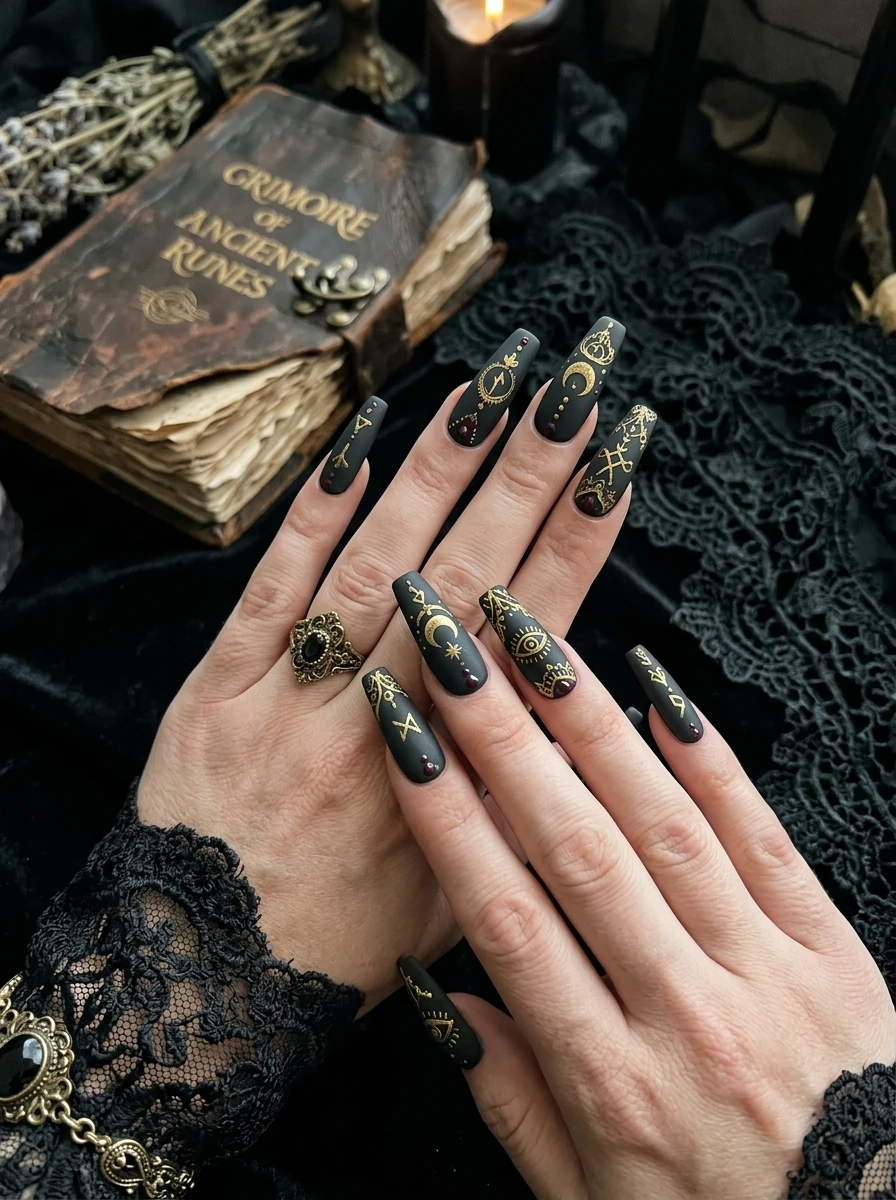 black to deep purple ombre coffin witchy nails