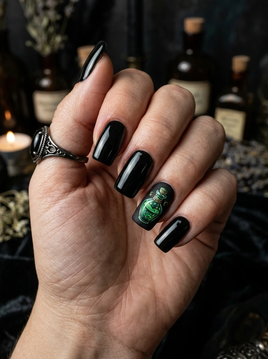 black witchy nails with a hand-painted green potion bottle accent