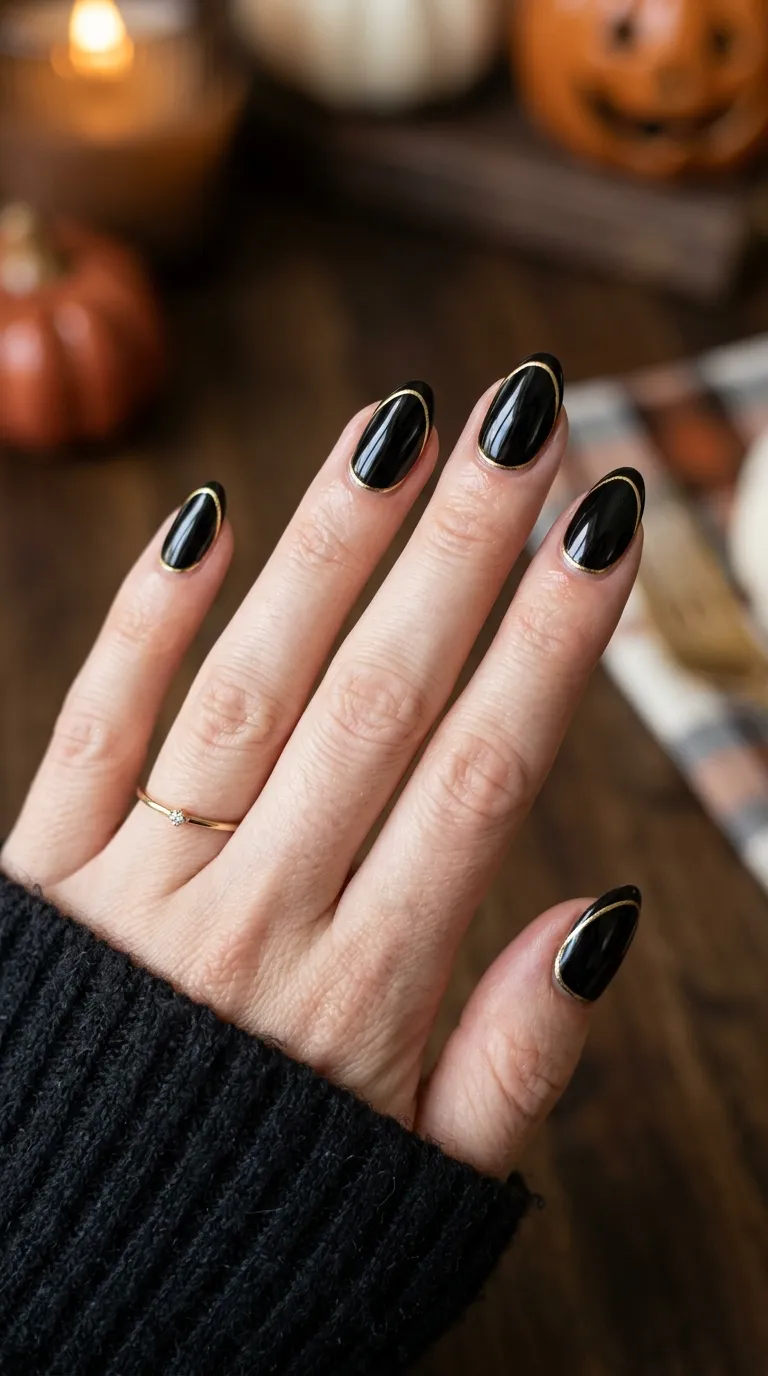 short halloween nails with thin gold line accent on black base, almond shape