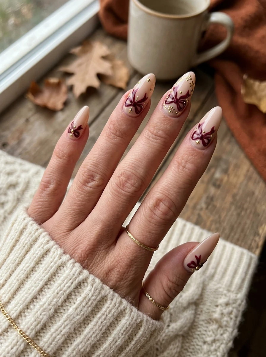 Nails in burgundy velvet matte with a lace overlay design