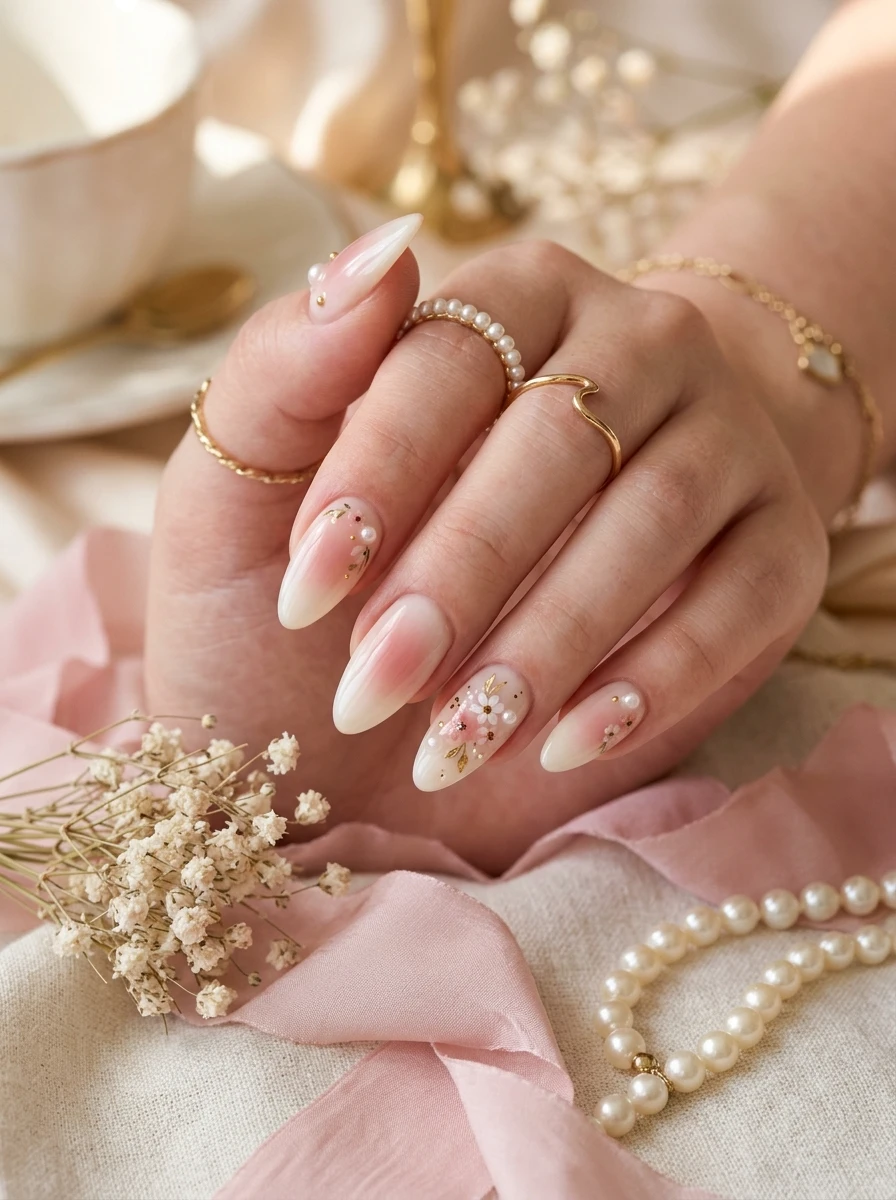 Nails with a cinnamon marble and pearl dot trio