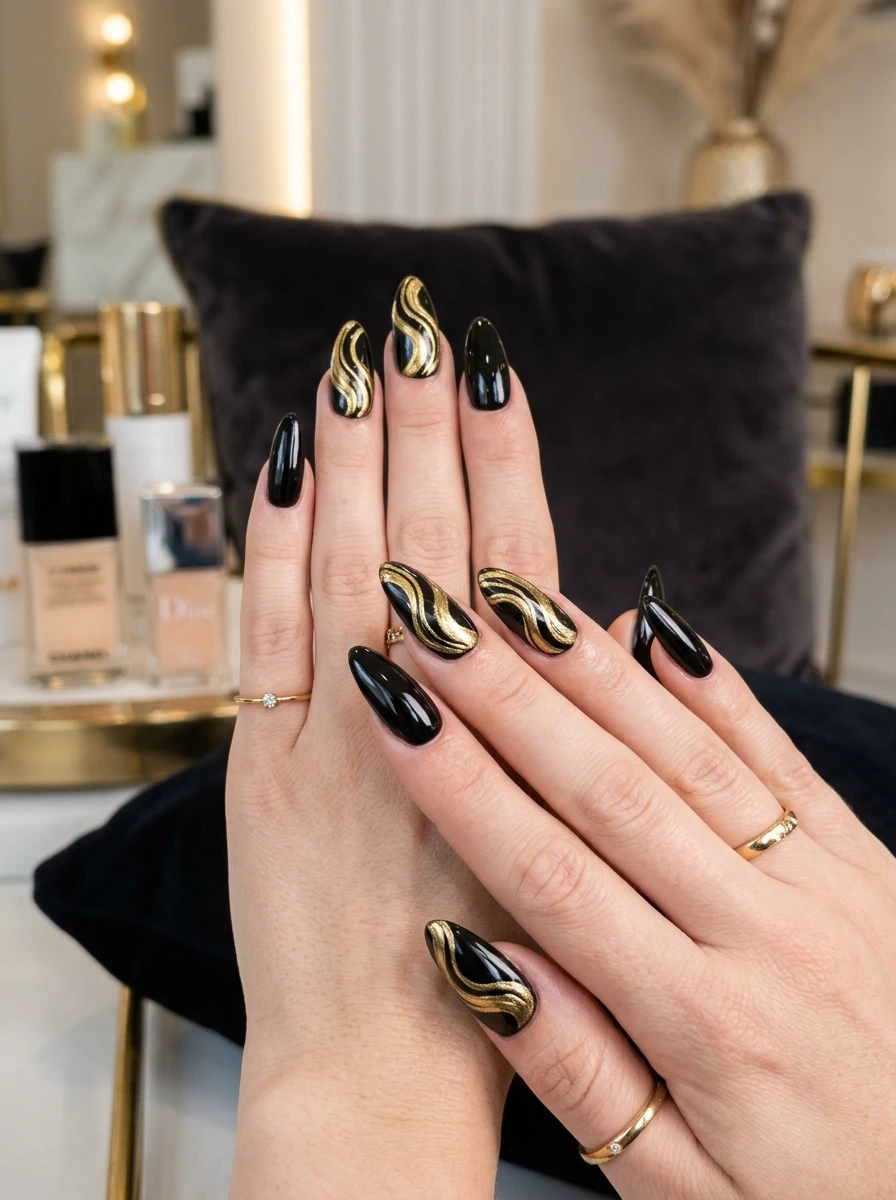 Champagne chrome birthday manicure with gold swirl detail