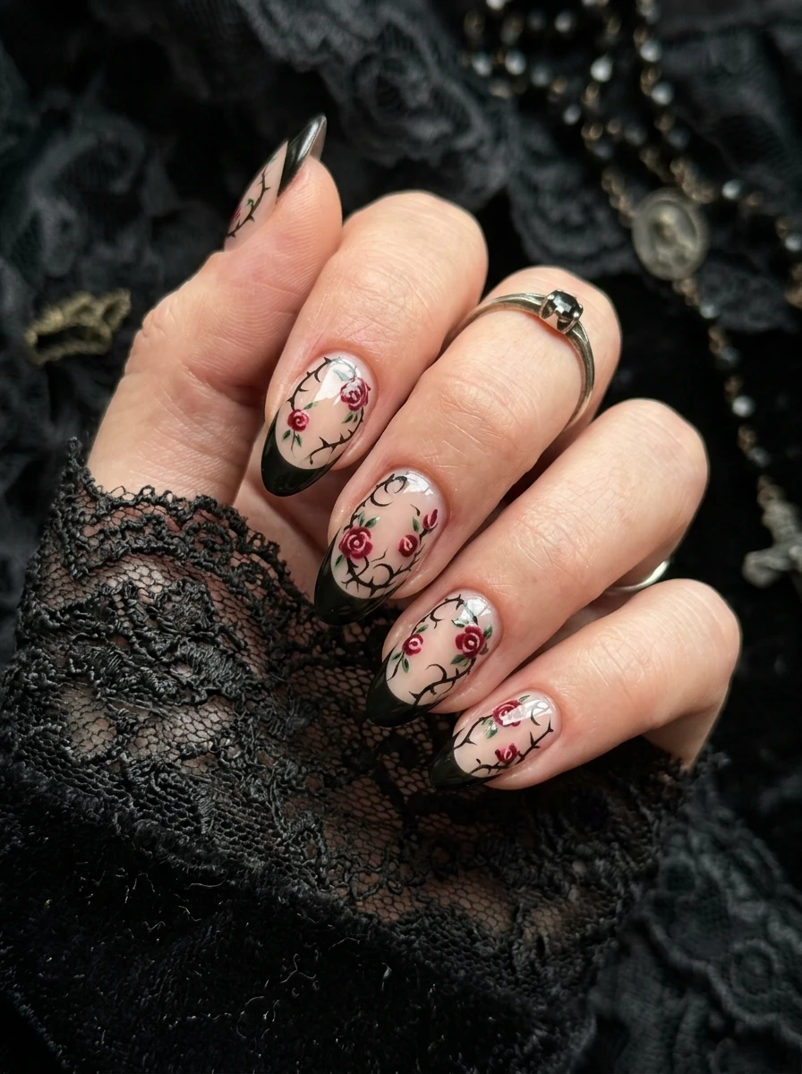Nails in matte black with a glossy red cuticle half-moon