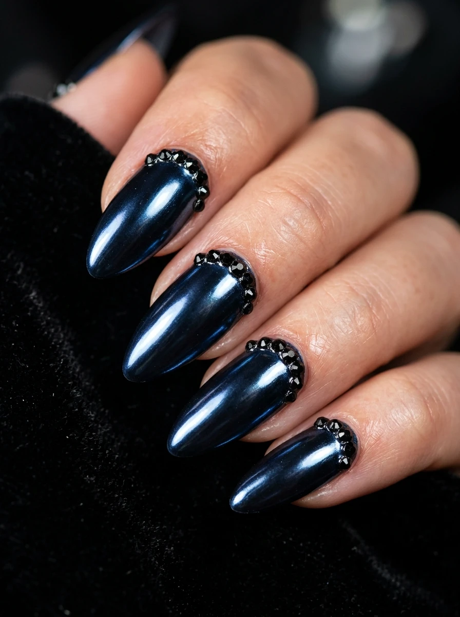 Hero shot of nails in midnight blue with a black accent