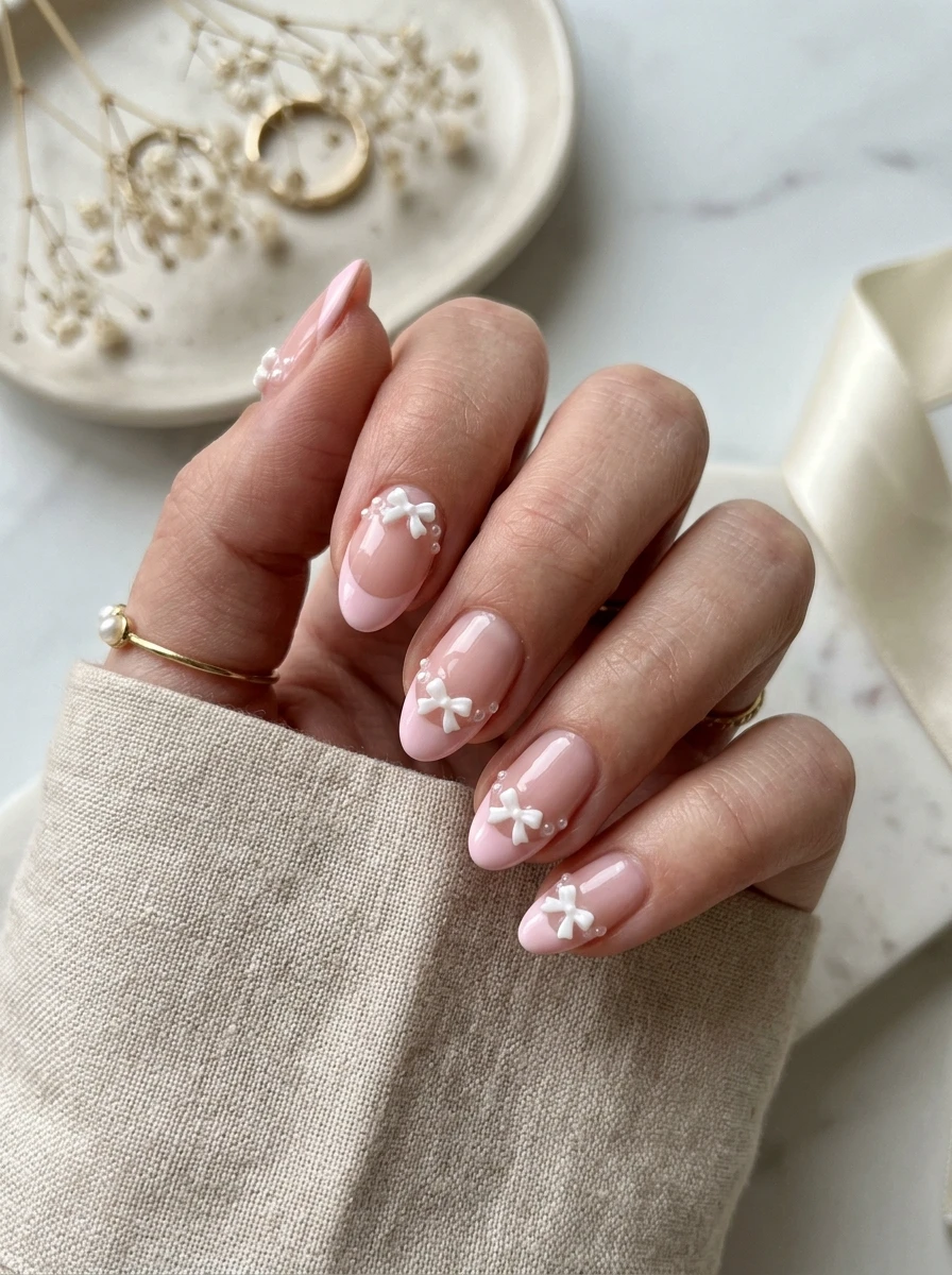 Nails in blush-brown with a satin ribbon wrap accent