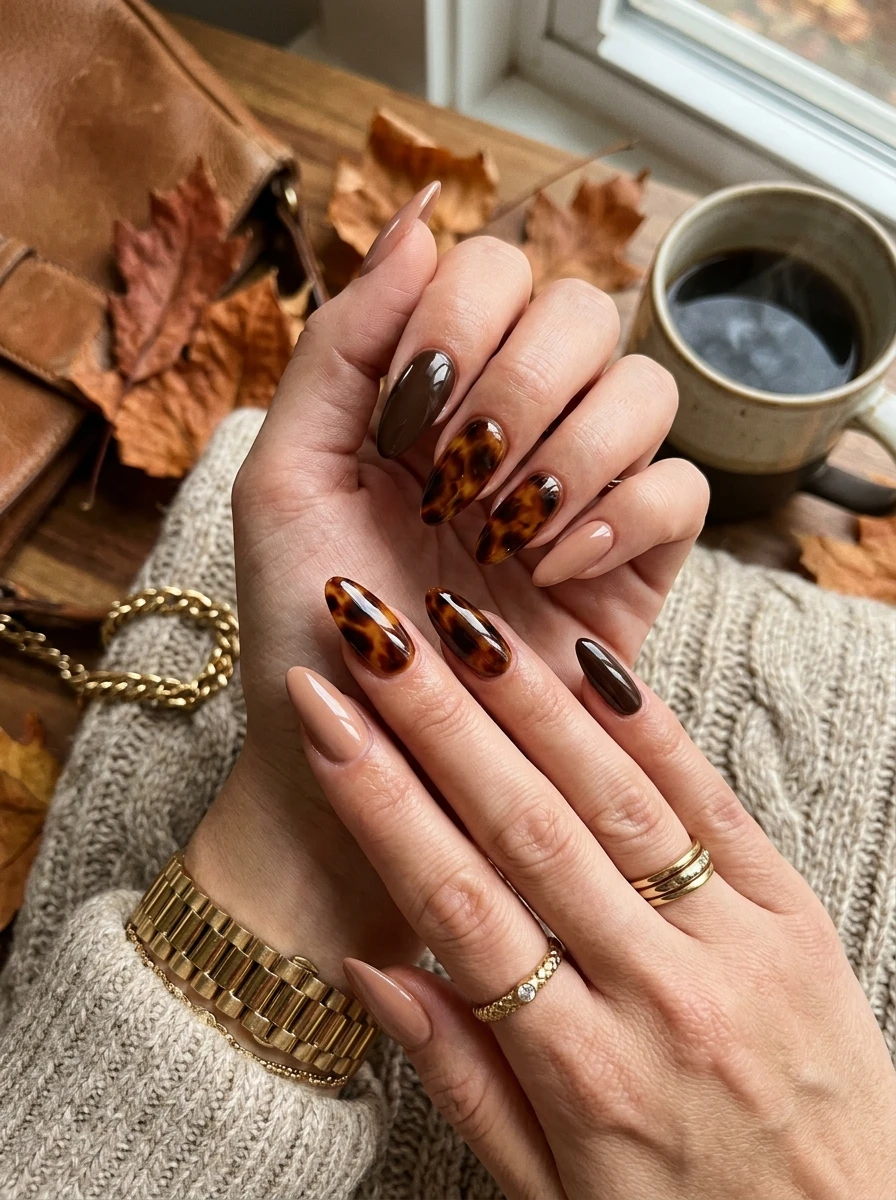 Squoval nails with a tortoiseshell fleck accent nail
