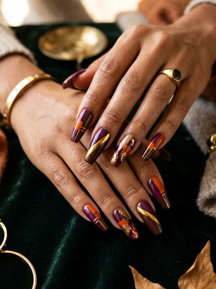 Nails with an olive and rust two-tone color split