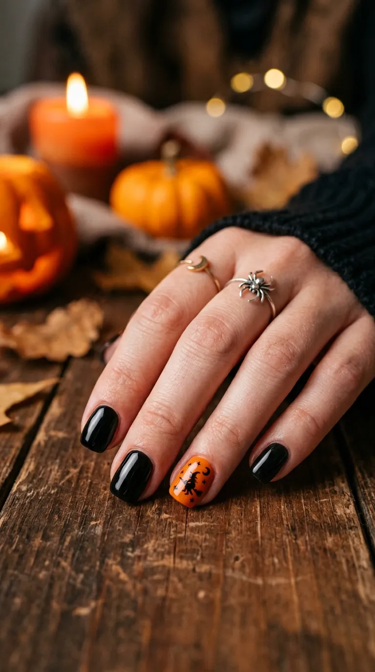 short halloween nails, solid black with one orange accent nail