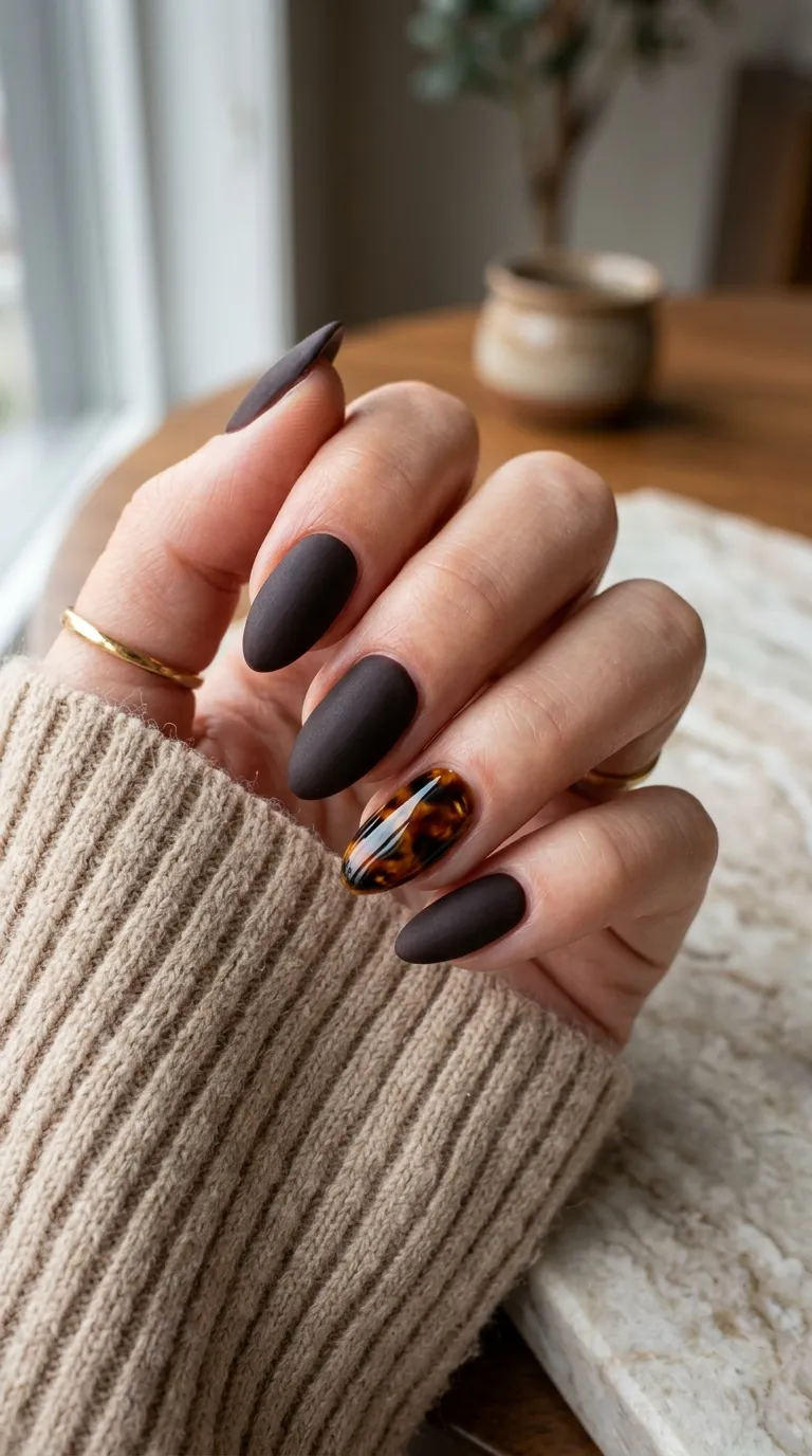 Matte black-brown tortoiseshell nails with one glossy tortoiseshell accent nail