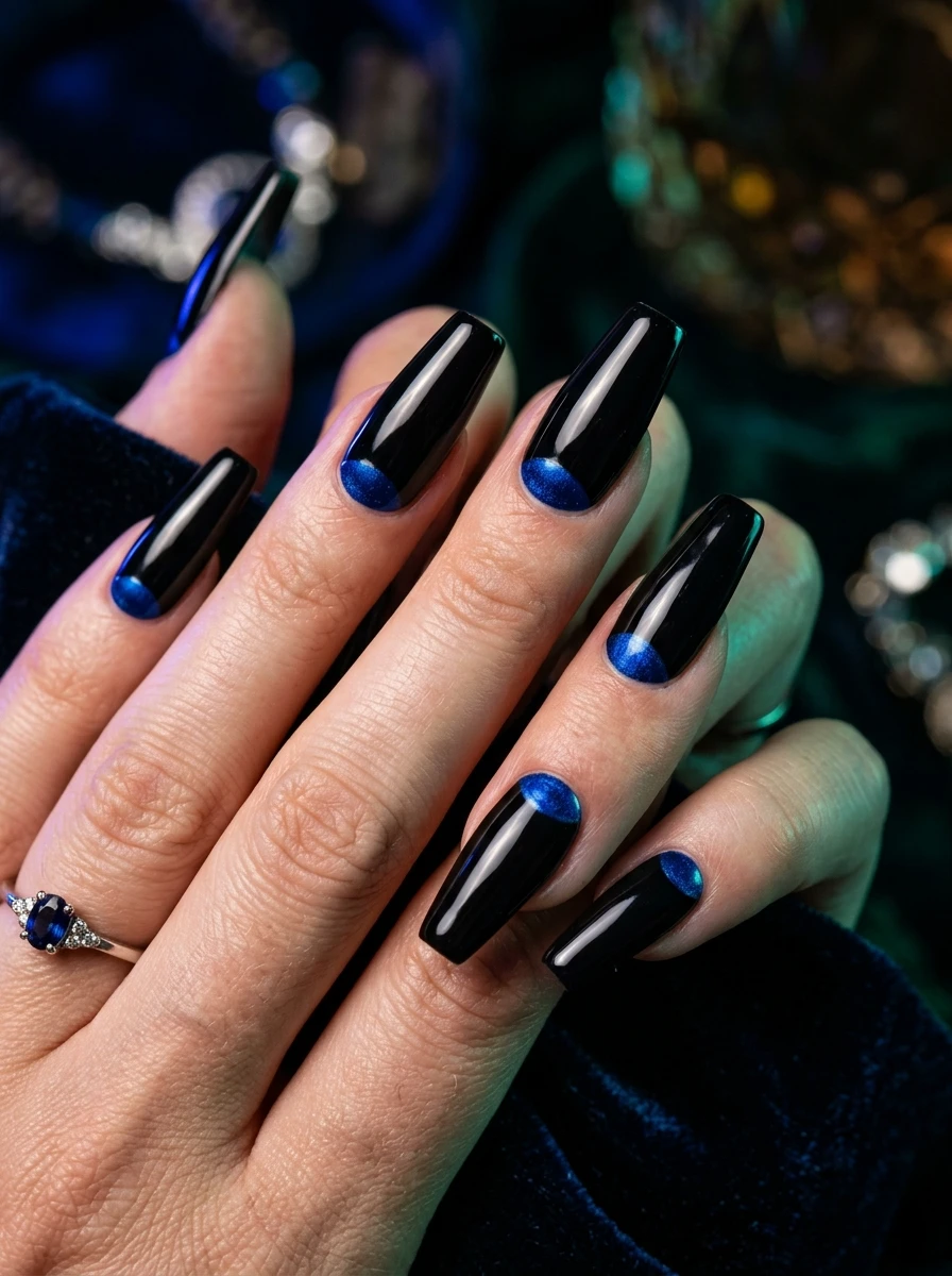 Nails with a sapphire half-moon cuticle detail on black