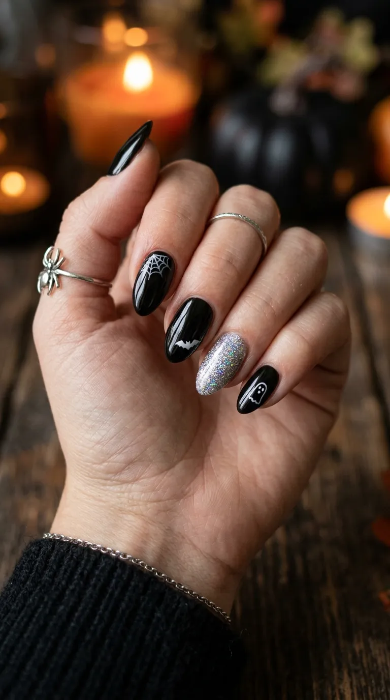 Simple Halloween Nails &ndash; black nails with a single silver glitter accent nail