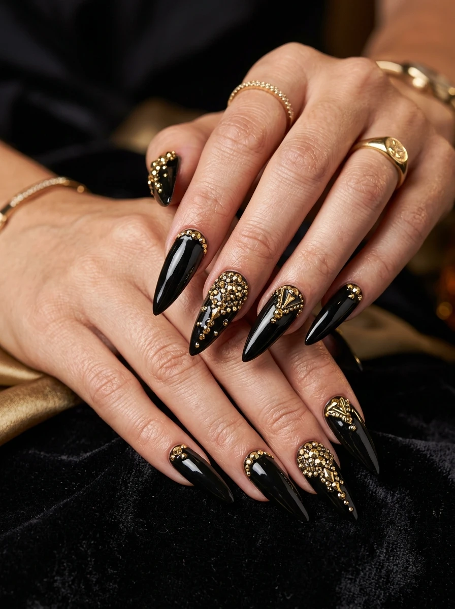 Nails in black velvet matte with a red rhinestone cuff