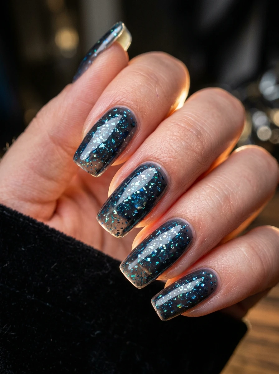 Nails with a blue-black glass-fleck finish