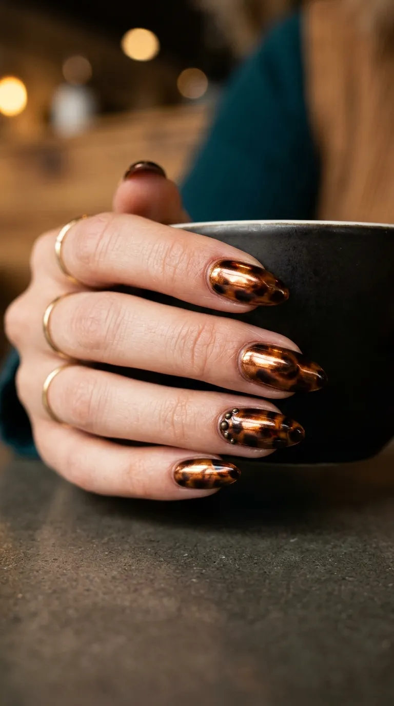 Bronze chrome tortoiseshell nails over a dark marbled base