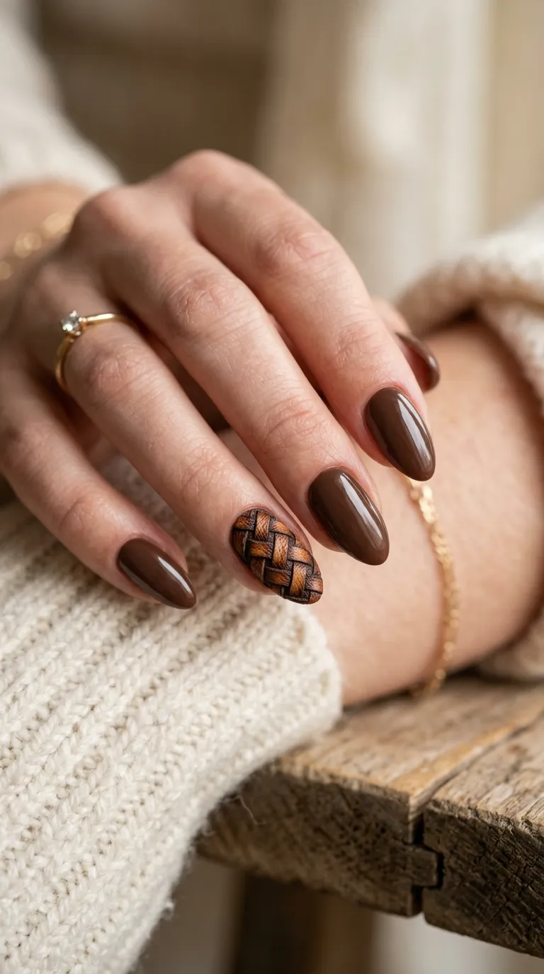 Oktoberfest nails: chocolate brown base with a woven leather-texture accent nail