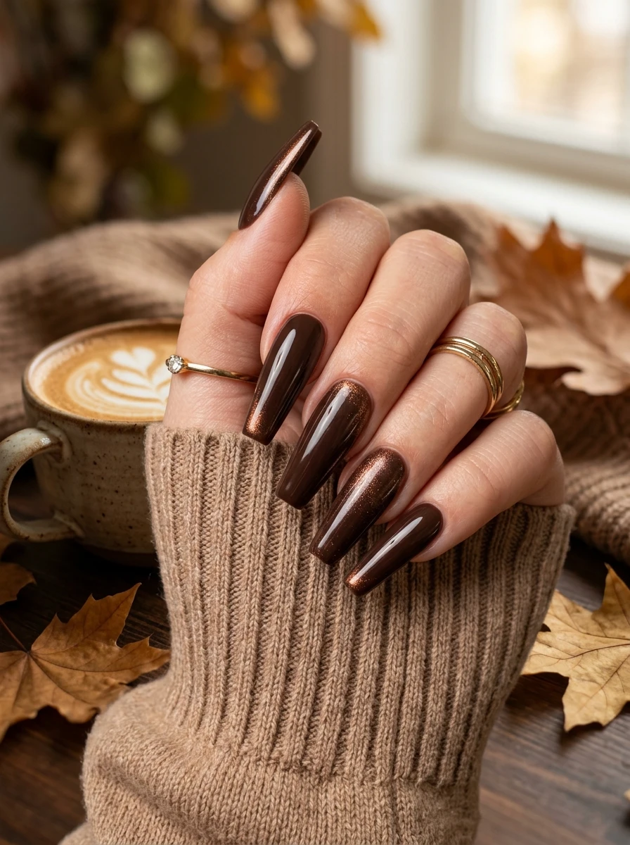 Coffin nails in chocolate brown with a gold detail accent