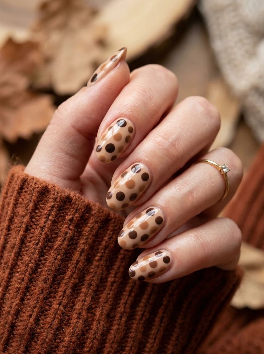 Almond nails with cheetah-inspired brown dot clusters